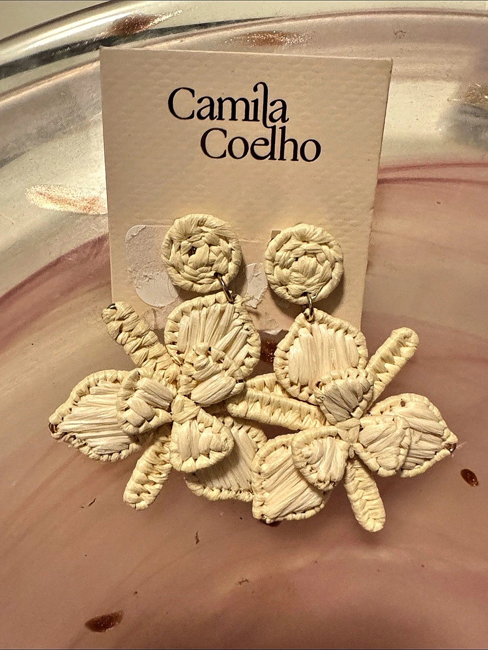 Camila Coelho Raffia Flower Dangle Earrings Cream